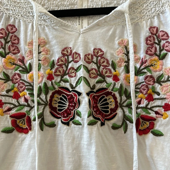 Anthropologie embroidered floral cotton t shirt. Tassles. V neck. Size small - Picture 3 of 7